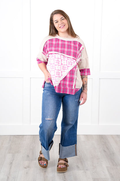 Mixed Print Short Sleeve Top with Lace Trim Detail
