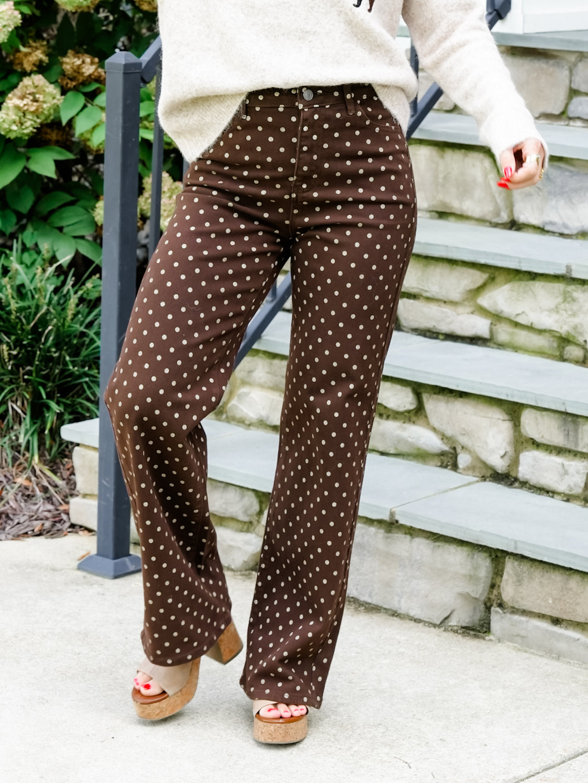 Cello High Rise Brown Polka Dot Wide Leg Jeans
