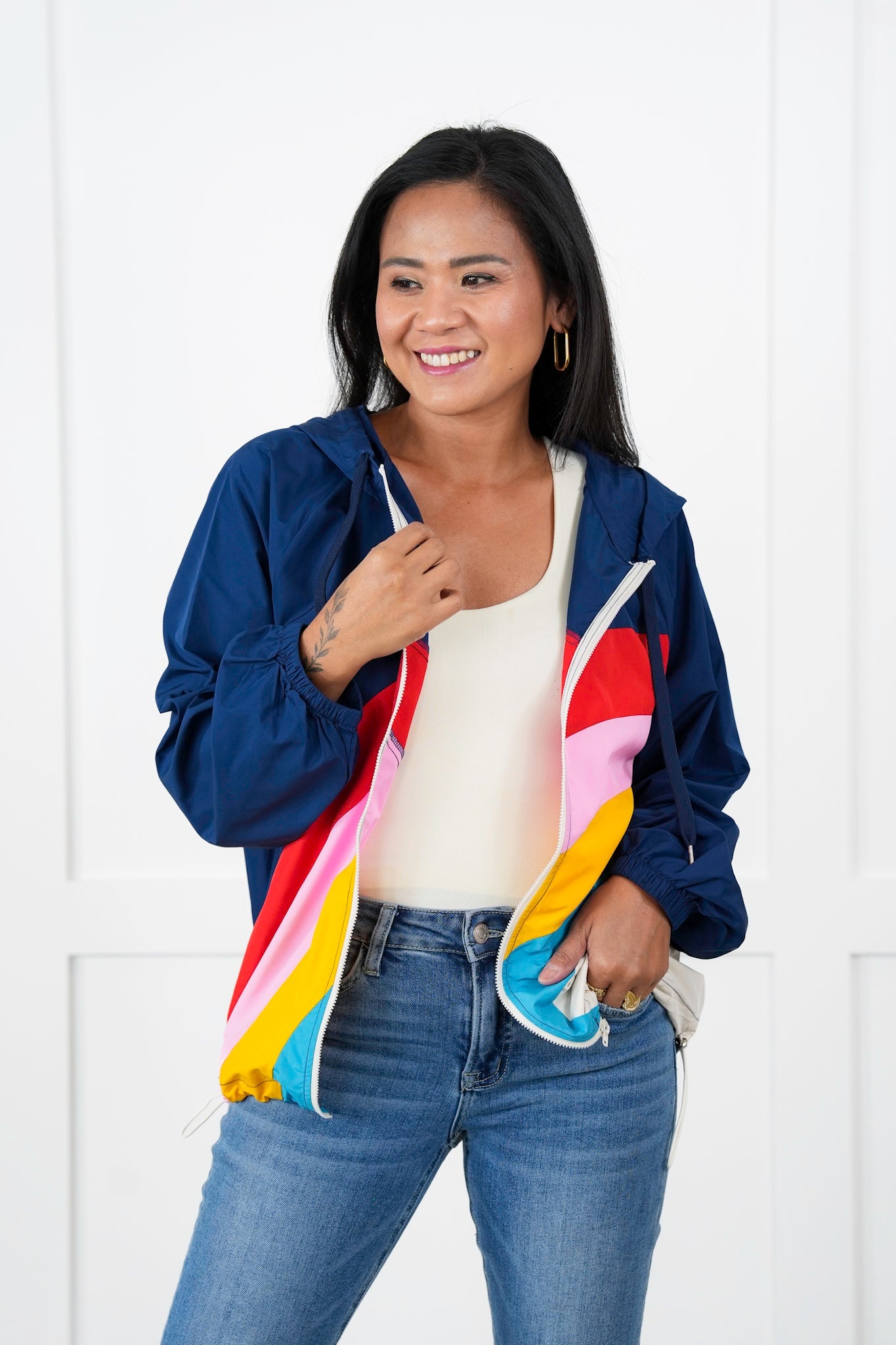 Color Block Long Sleeve Zip Up Hooded Windbreaker Jacket