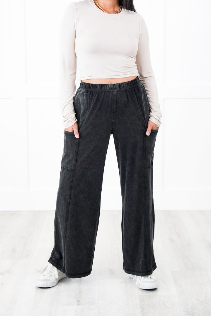 Plus/Reg Black Mineral Wash Elastic Waist Wide Leg Pants