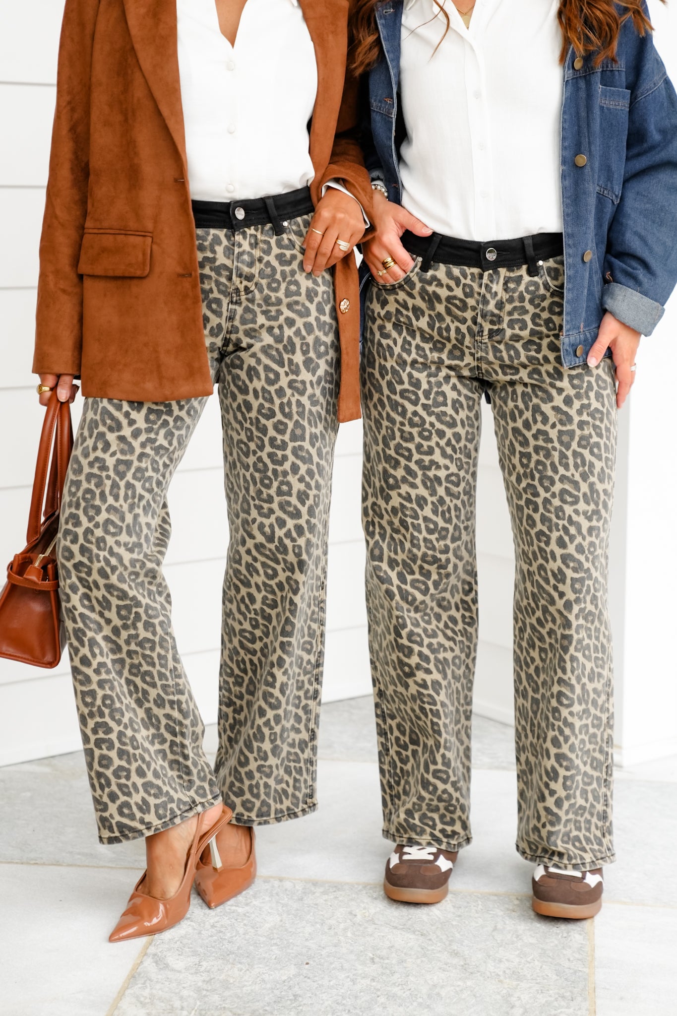 Risen High Rise Leopard Wide Leg Pants with Contrasting Waistband