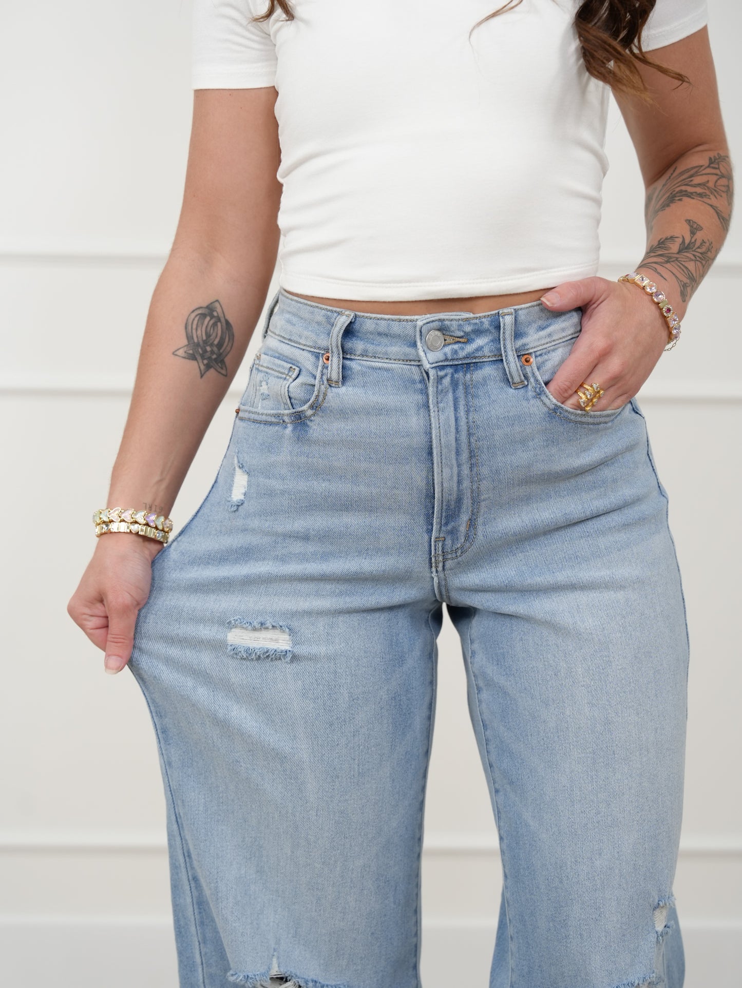 Cello High Rise Light Wash Distressed Wide Leg Jeans
