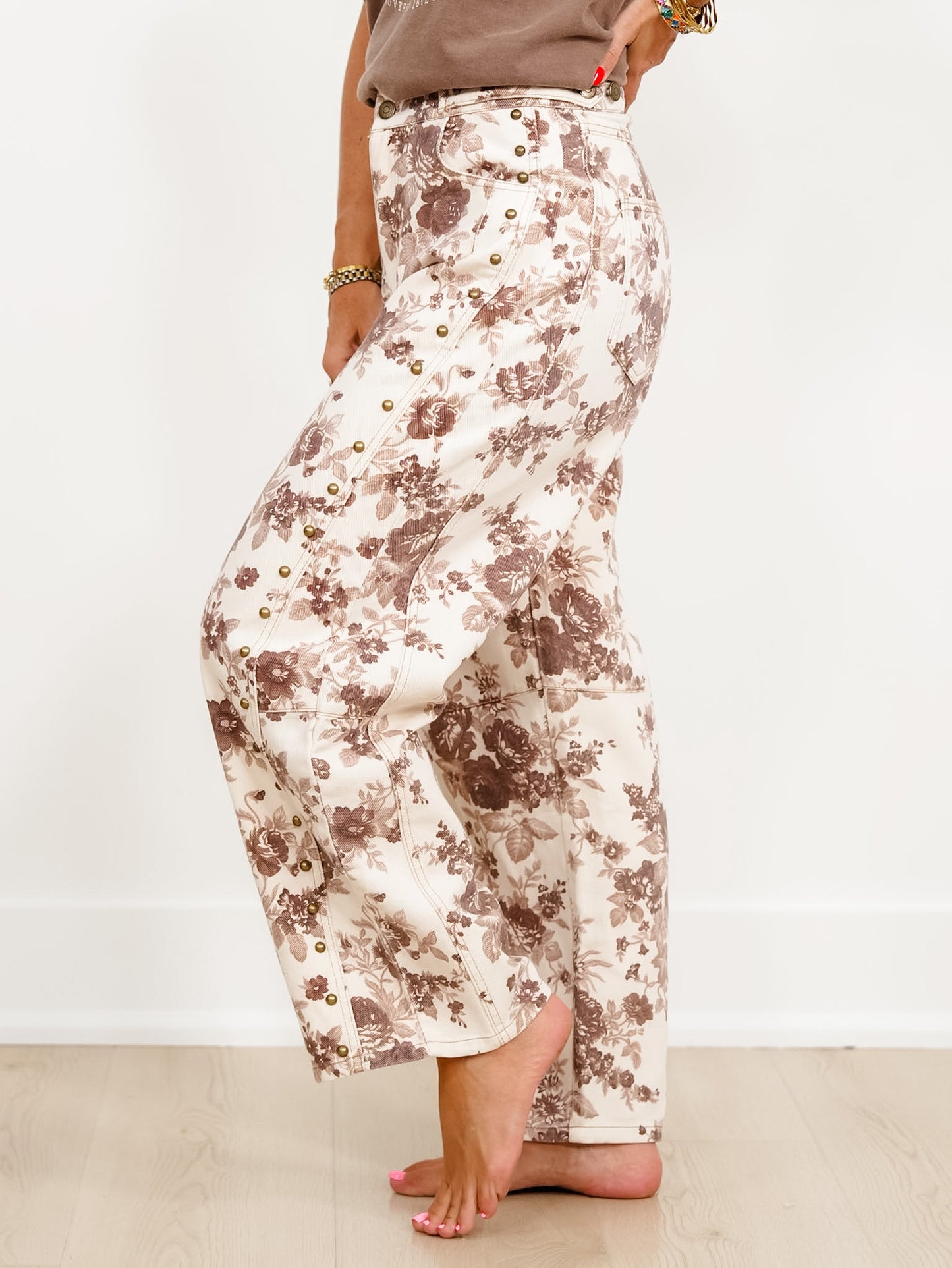 Floral Print With Stud Details Barrel Leg Pants