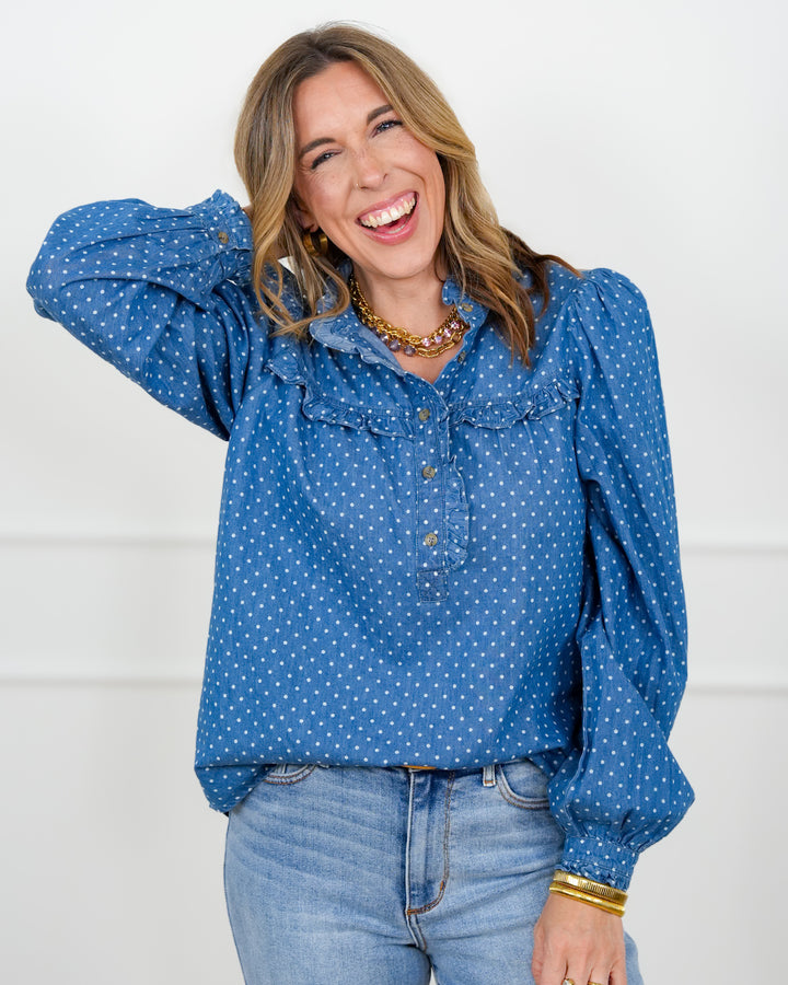 Polka Dot Dark Wash Long Sleeve Top