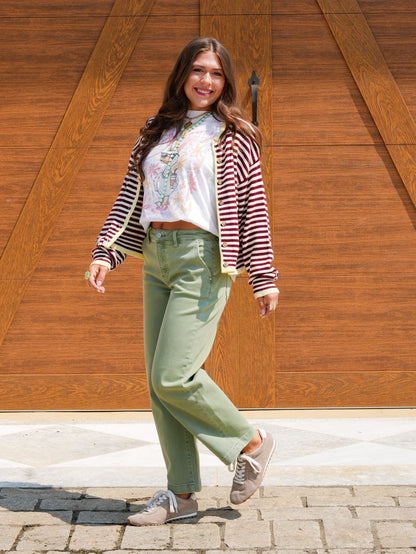 Risen Mid Rise Olive Tummy Control Barrel Jeans - Freckled Poppy