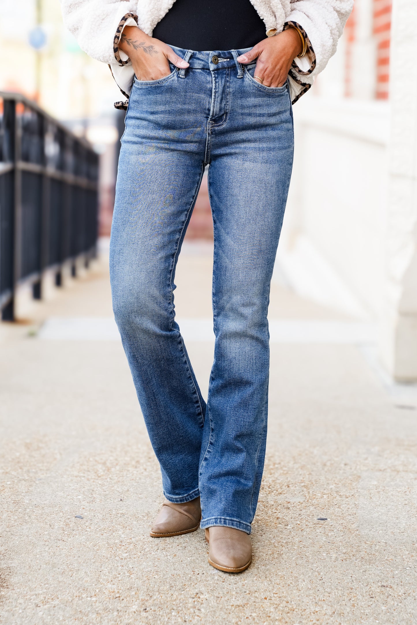Mica High Rise Medium Wash Bootcut Jeans with Light Fleece