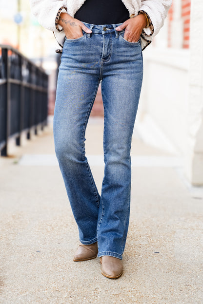 Mica High Rise Medium Wash Bootcut Jeans with Light Fleece
