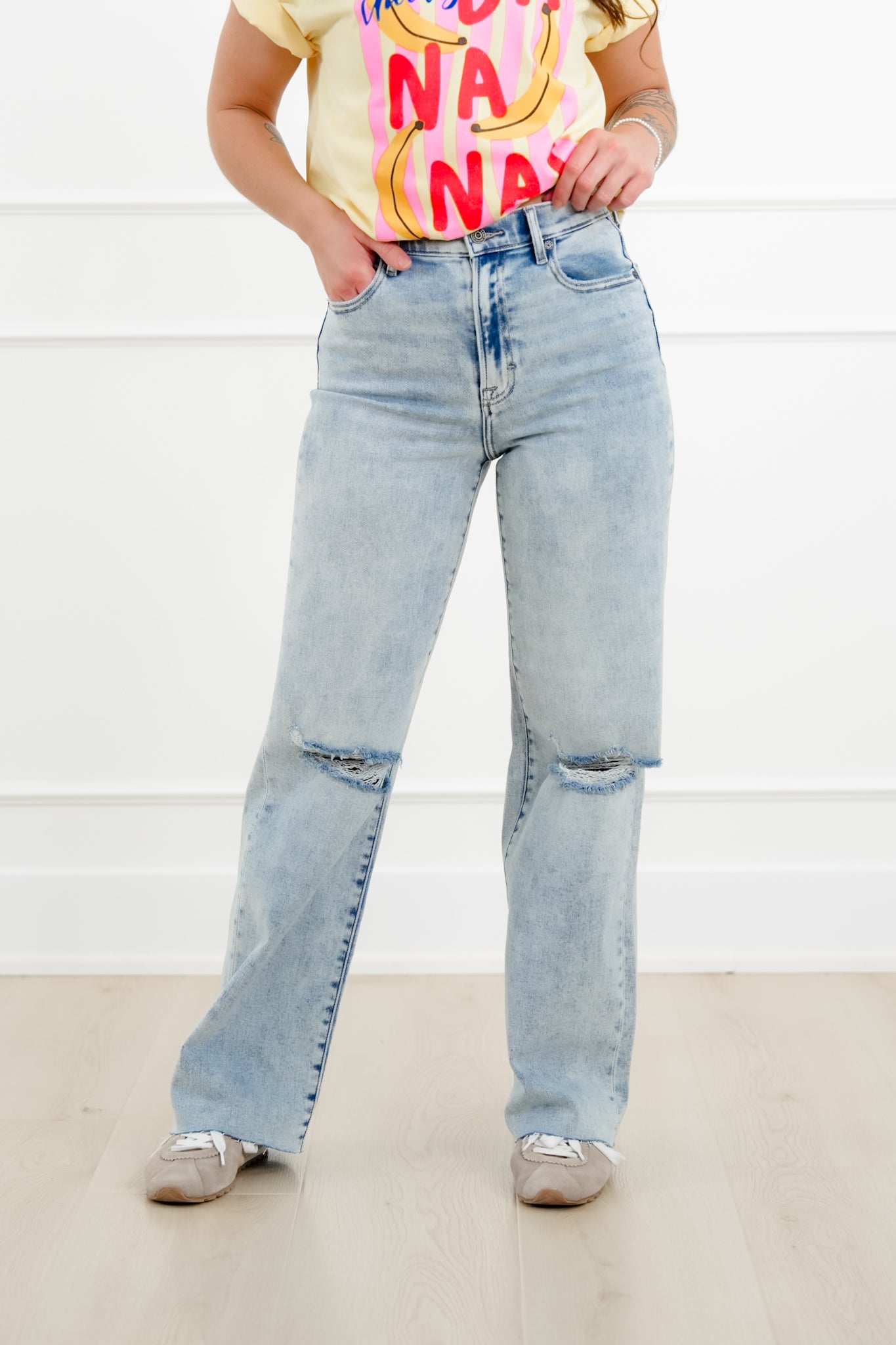 Hidden High Rise Light Wash Distressed Dad Jeans