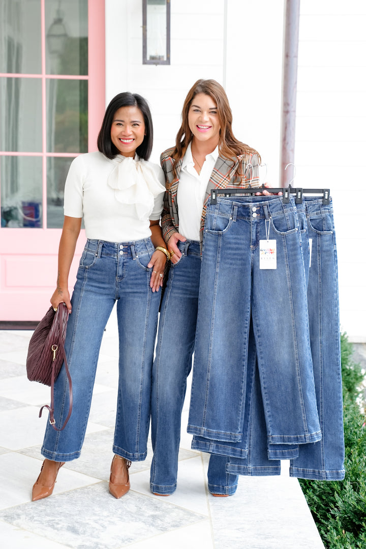 Risen The Statement Straight High Rise Medium Wash Ankle Wide Leg Jeans with Front Seam