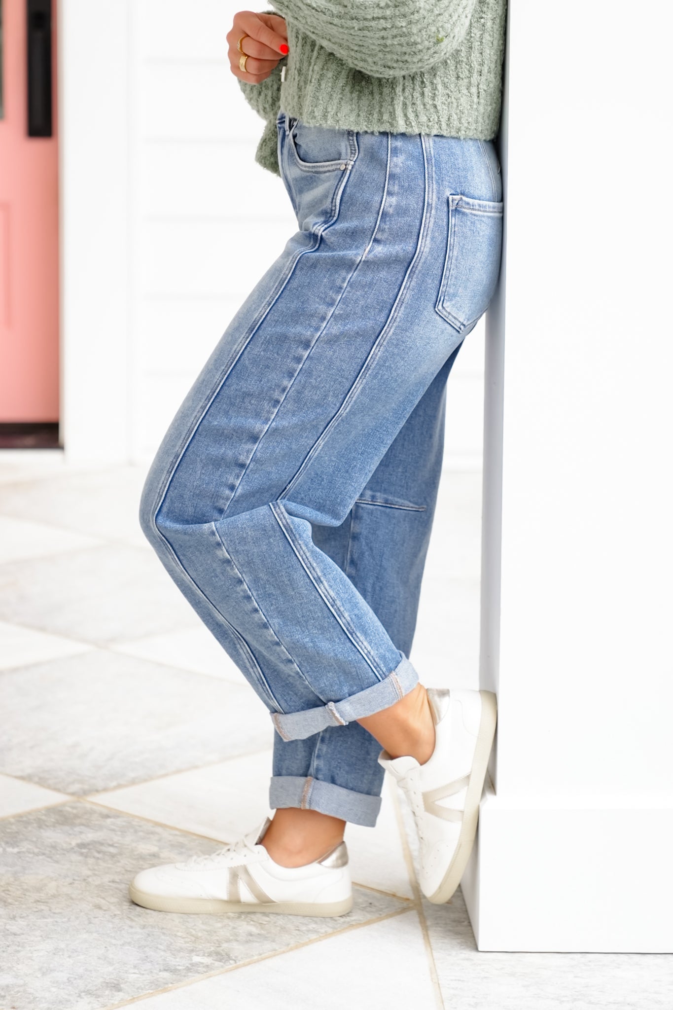 Risen High Rise Medium Wash Boyfriend Cuffed Barrel Jeans