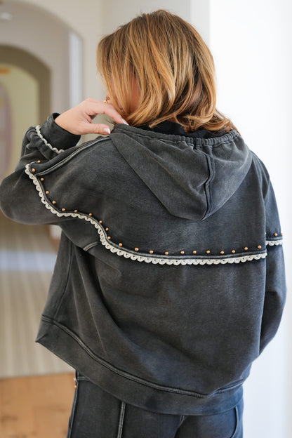 POL Washed Long Sleeve Zip-Up Hoodie with Stud Trim