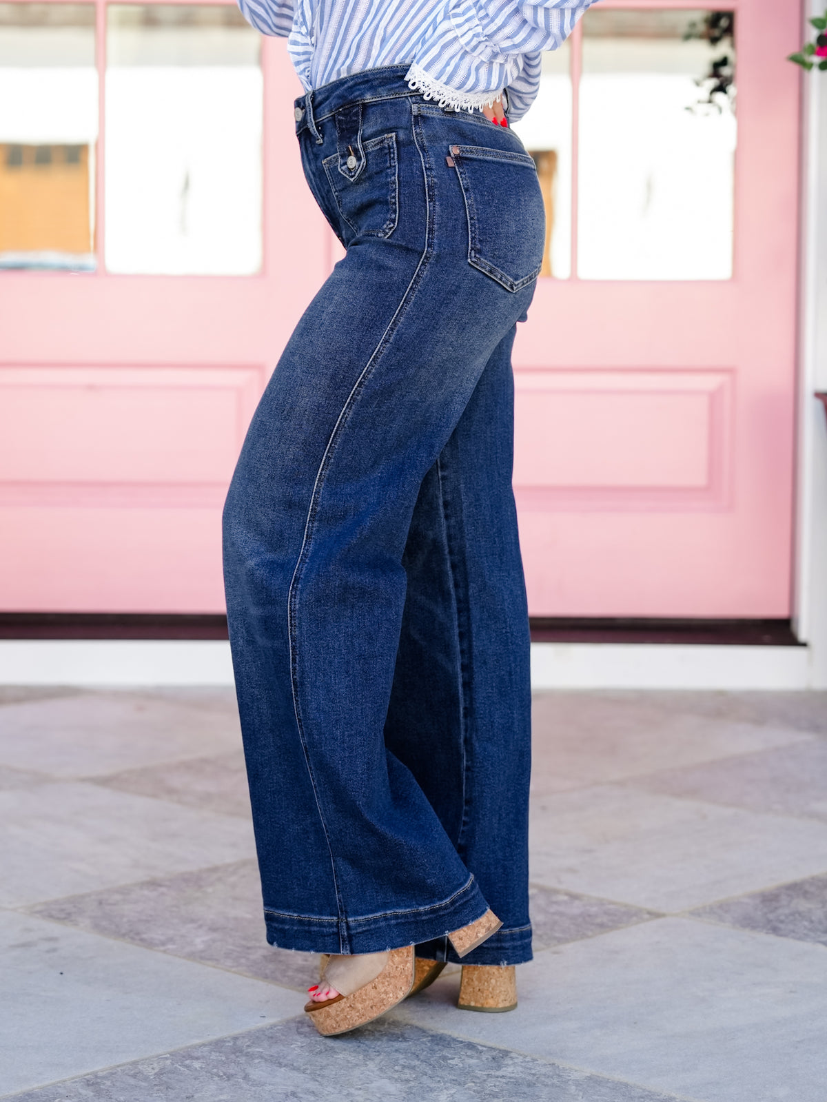 Judy Blue High Rise Dark Wash Retro Wide Leg Jeans With Tab Closure Front Pockets
