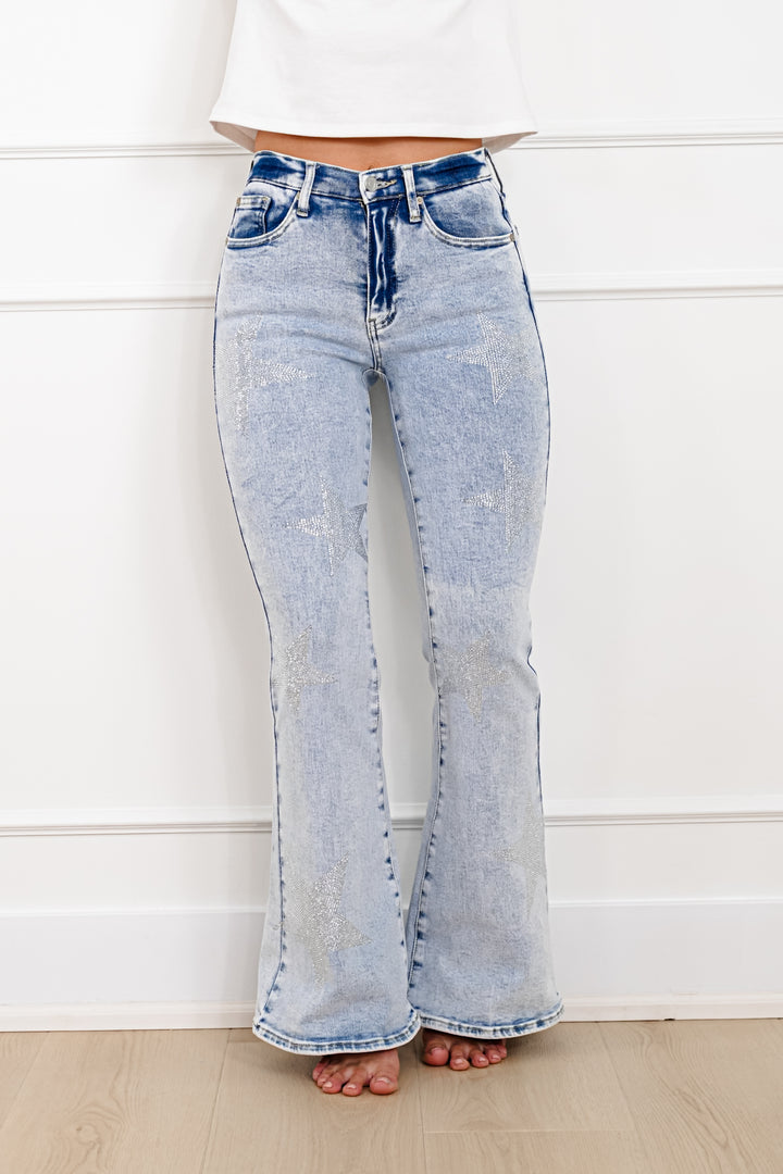 Saige Mid Rise Light Wash Tummy Control Star Flare Jeans