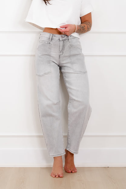 Risen The Stormi High Rise Grey Barrel Jeans with Patch Pockets