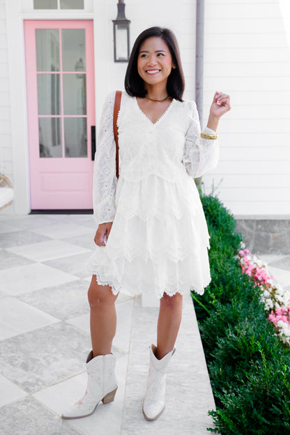 Embroidered Lace Long Sleeve Tiered Dress