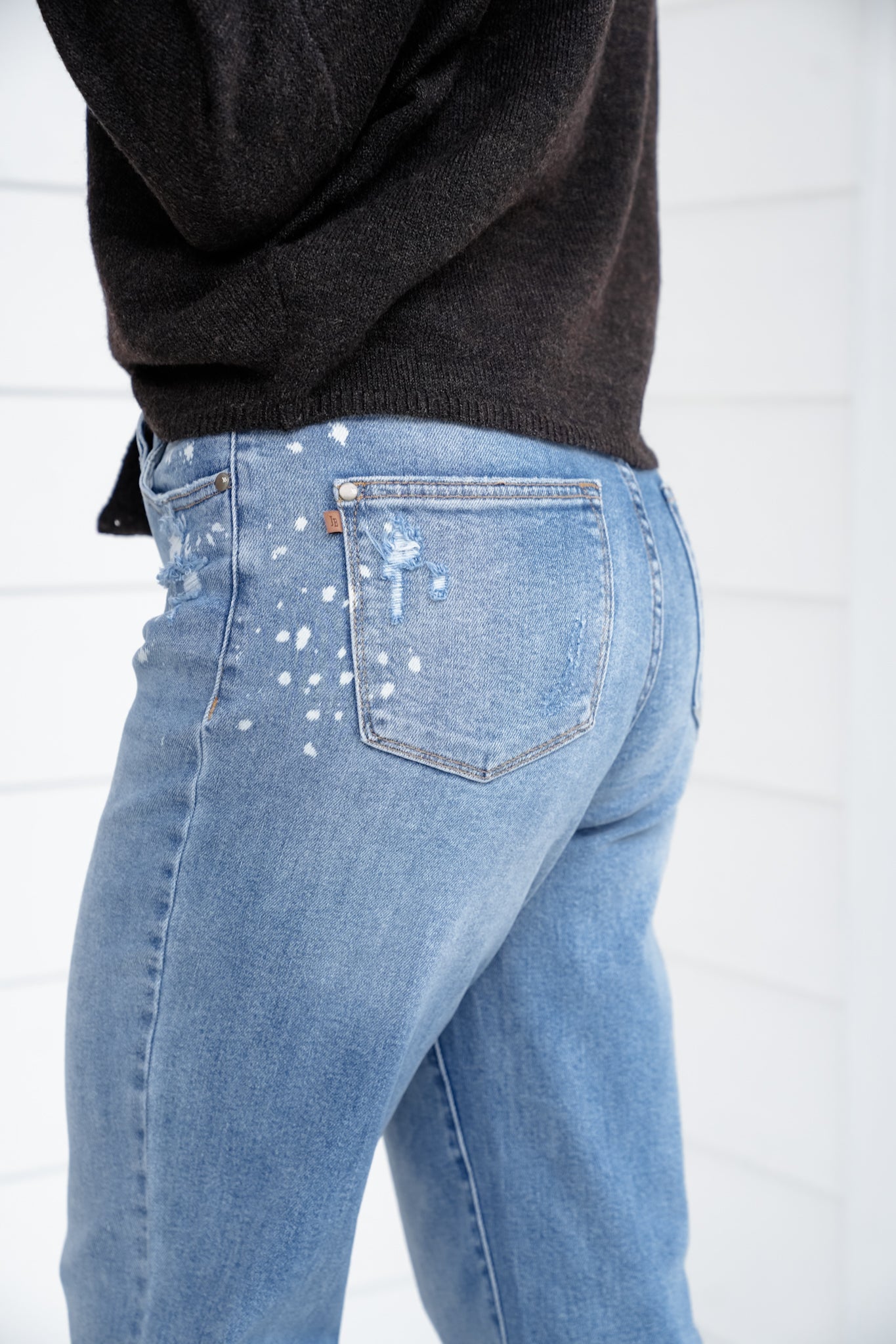 Judy Blue Mid Rise Medium Wash Distressed Bleach Splatter Cuffed Boyfriend Jeans