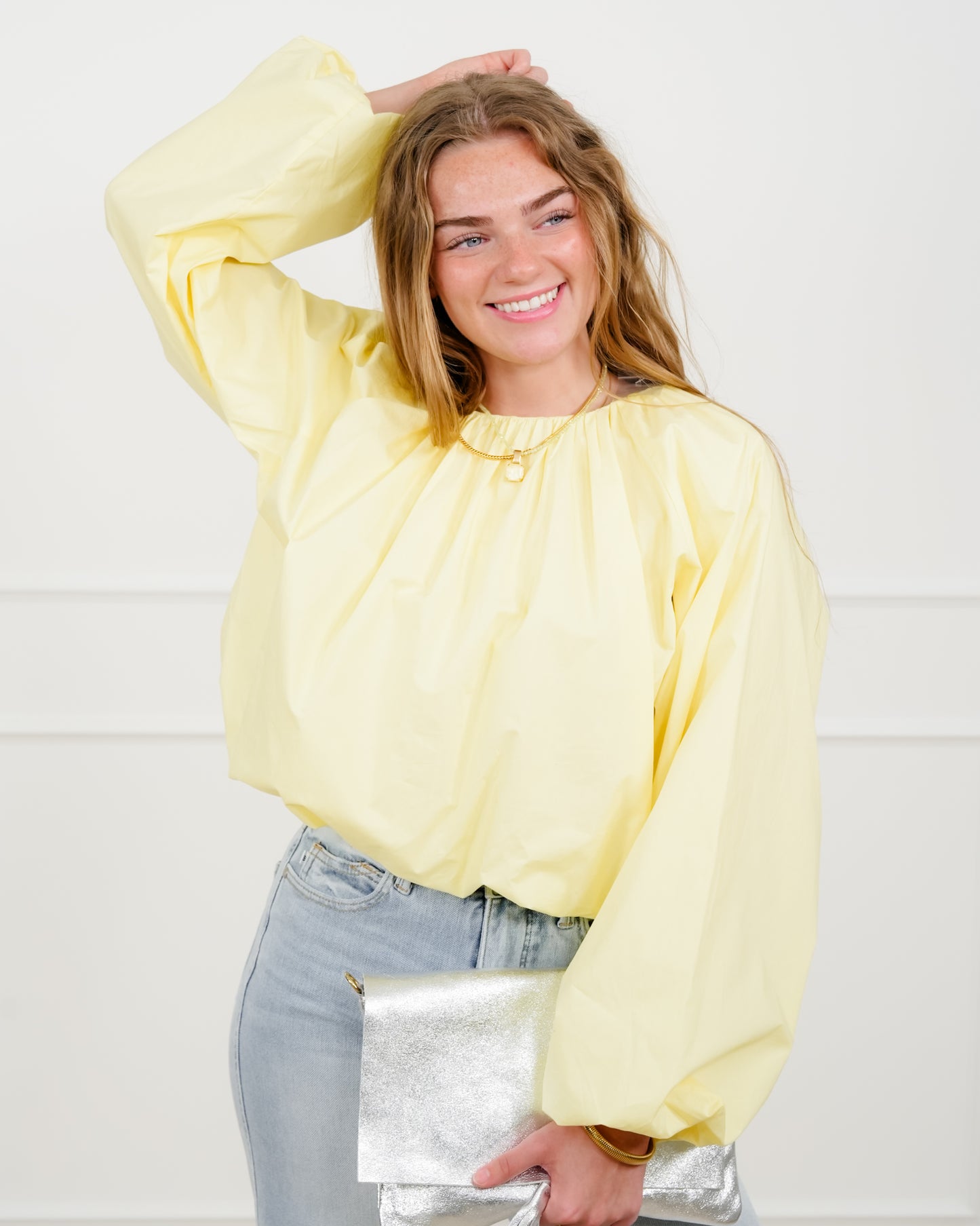 Cropped Long Sleeve Round Neck Blouse