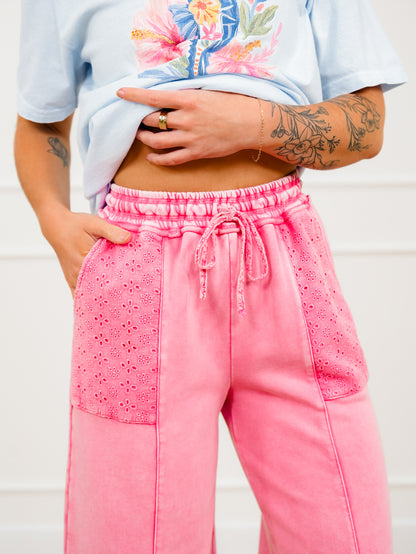 Mineral Wash Elastic Waist Pants with Eyelet Pockets
