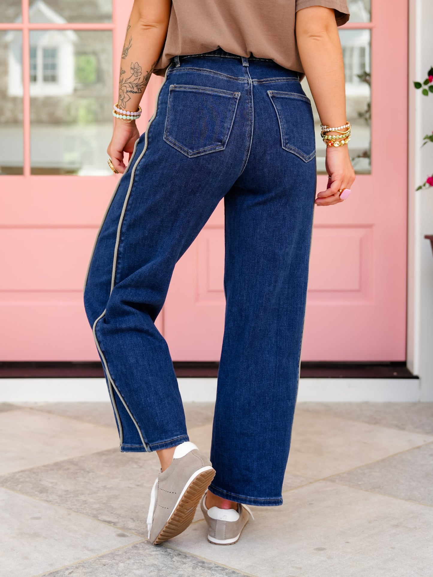 Saige High Rise Dark Wash Tummy Control Barrel Jeans With Side Panel