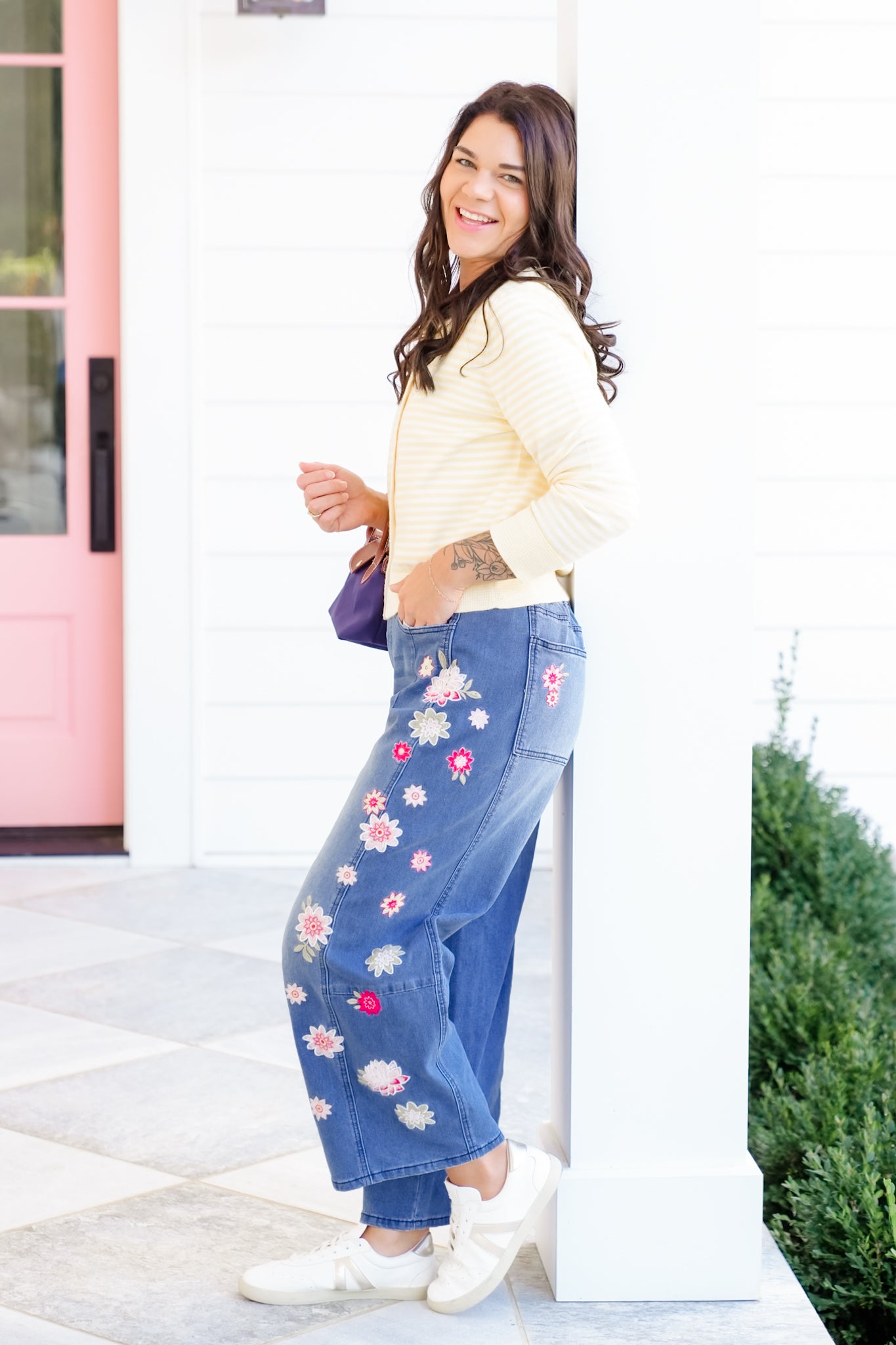 Medium Wash Denim Jeans with Floral Embroidery