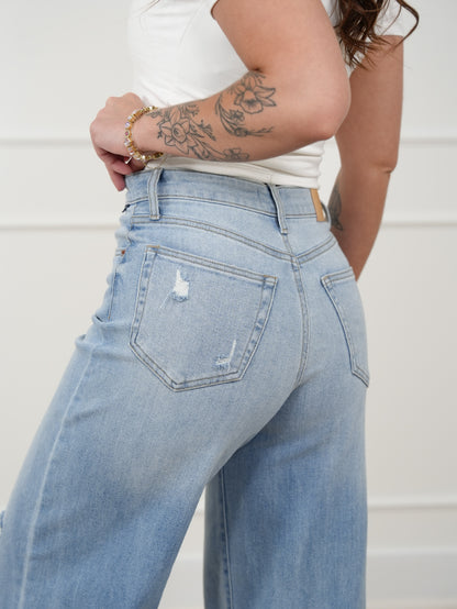 Cello High Rise Light Wash Distressed Wide Leg Jeans