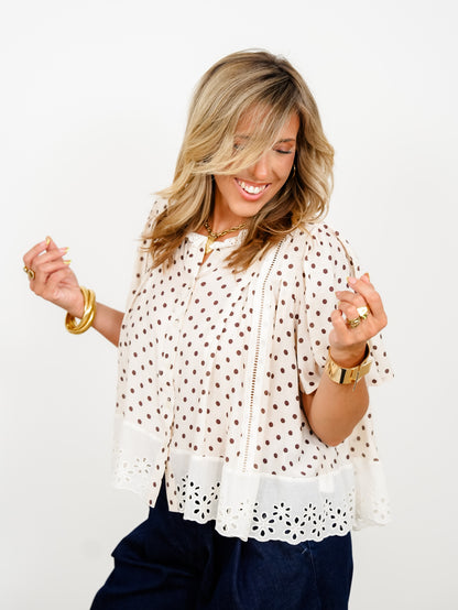 Polka Dot Short Sleeve Button Down Top with Eyelet Trim