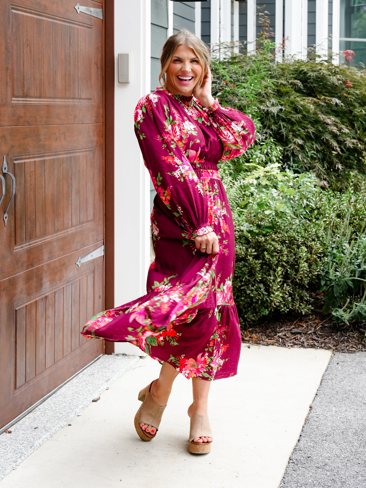 Plus/Reg Floral Print Long Sleeve Elastic Waist Midi Dress