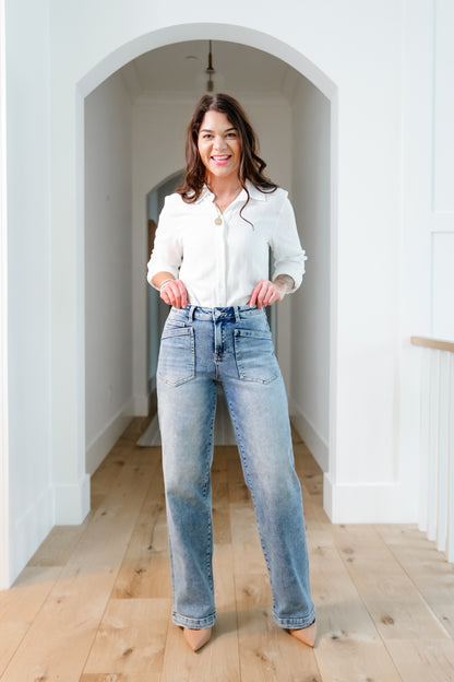 Risen Mid Rise Medium Wash Relaxed Fit Baggy Jeans with Patch Pockets