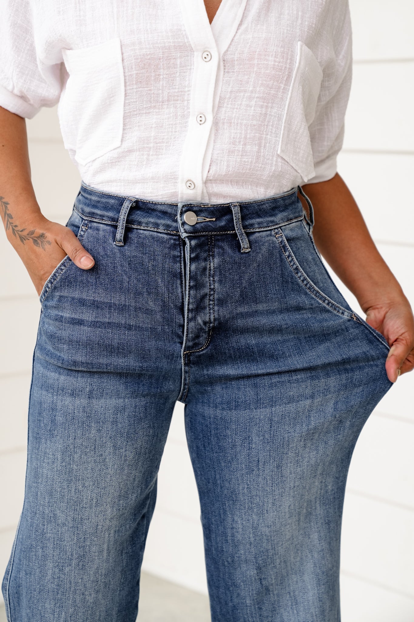 Mica High Rise Medium Wash Cuffed Wide Leg Jeans with Hidden Button Fly