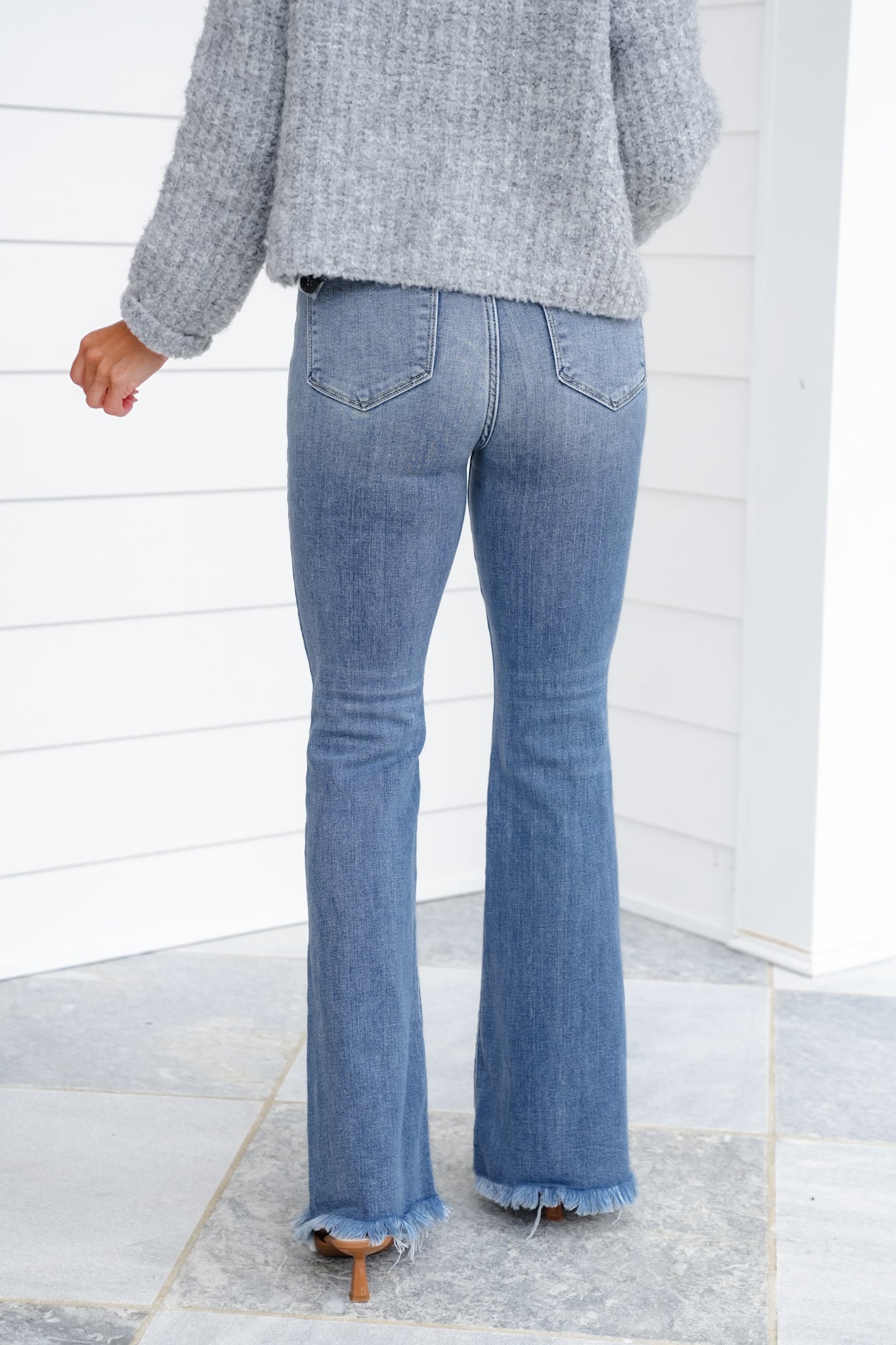 Judy Blue High Rise Medium Wash Flare Jeans with Frayed Hem and Pintuck Front Seam