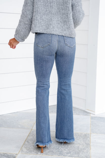 Judy Blue High Rise Medium Wash Flare Jeans with Frayed Hem and Pintuck Front Seam