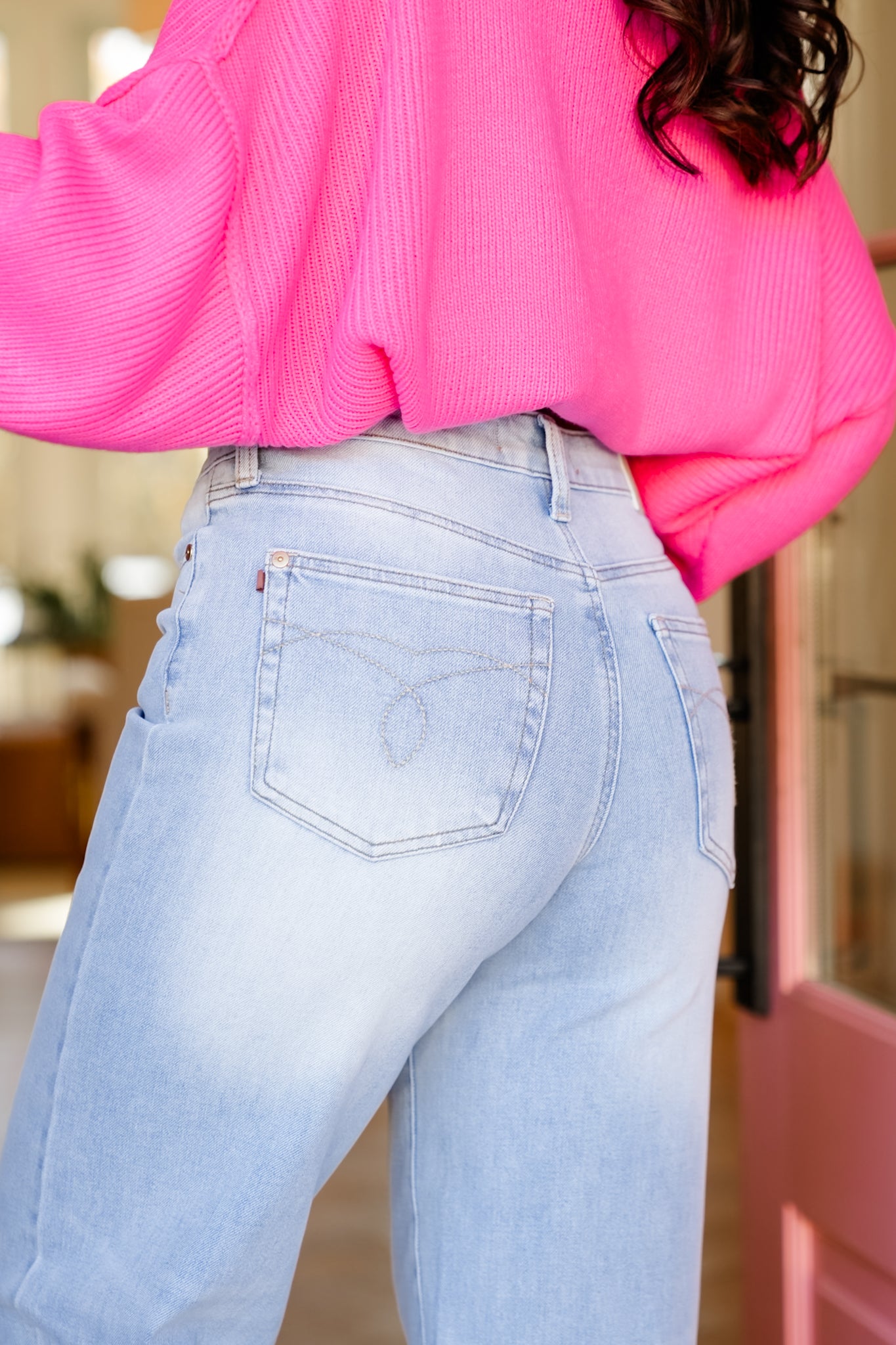 Judy Blue High Rise Light Wash Distressed Criss Cross Waistband Retro Wide Leg Jeans