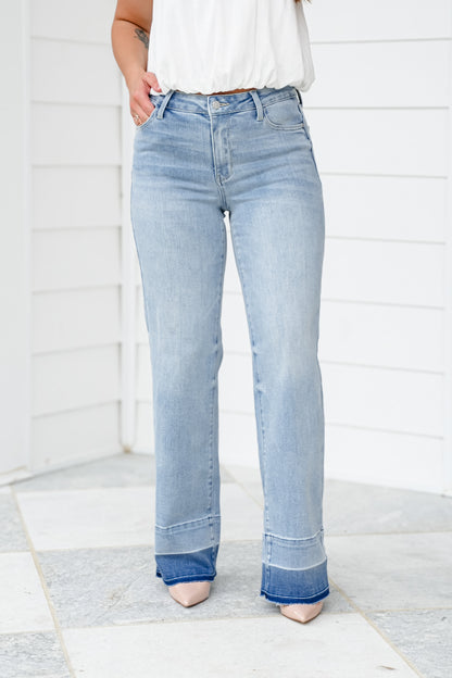 Judy Blue Mid Rise Light Wash Wide Leg Released Hem Jeans