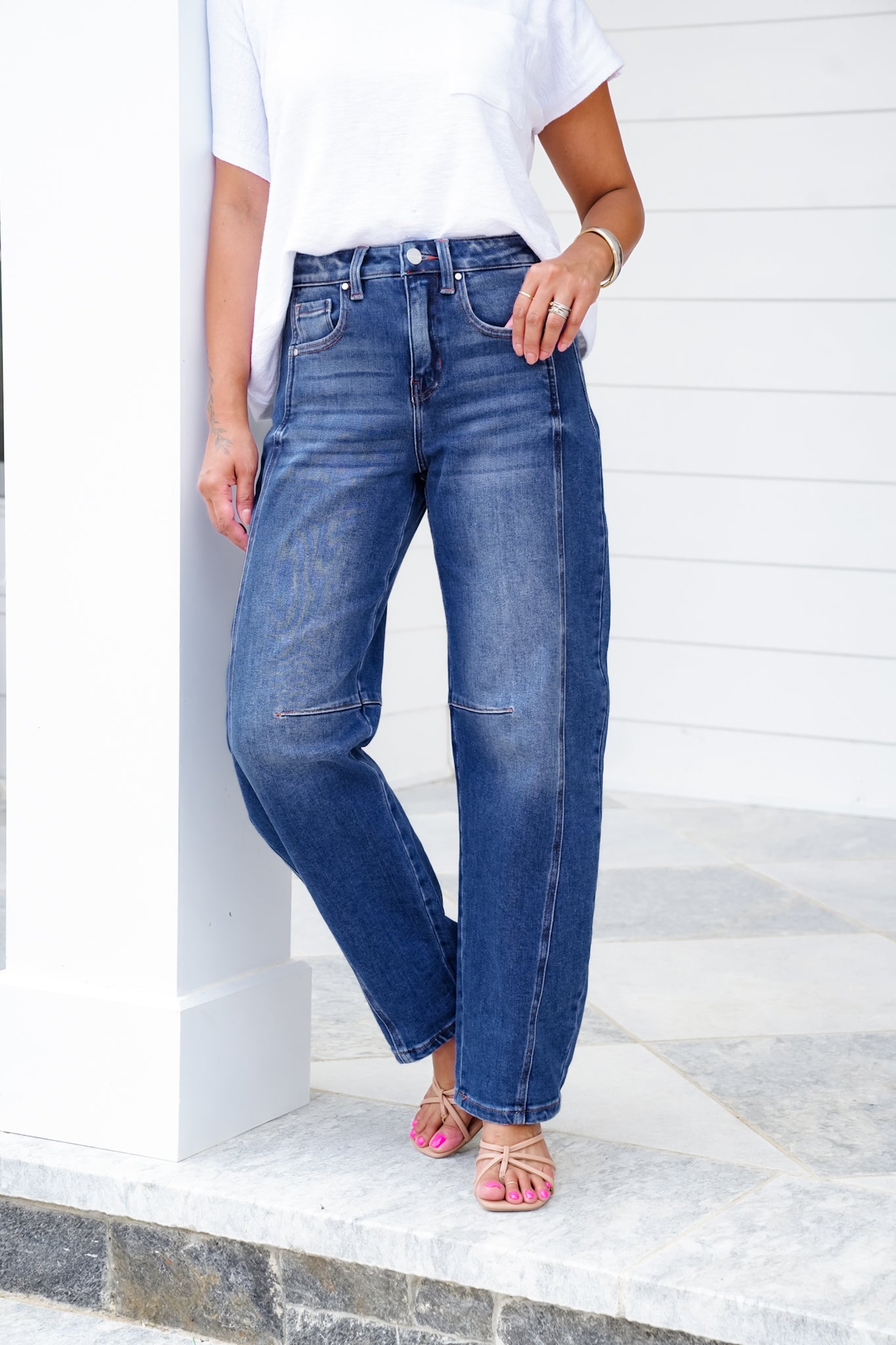 Risen High Rise Dark Wash Boyfriend Cuffed Barrel Jeans