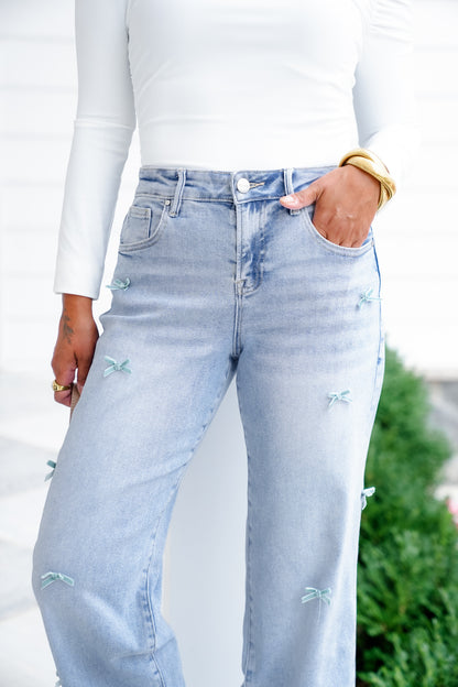 Risen High Rise Light Wash Crop Barrel Jeans with Bow Detail