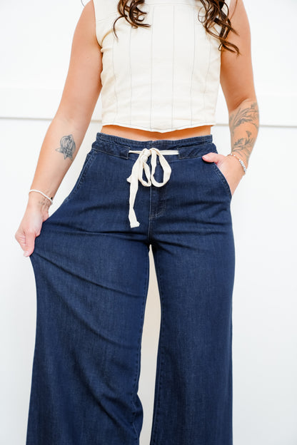 Risen Mid Rise Dark Wash Wide Leg Pants with Tie Waistband
