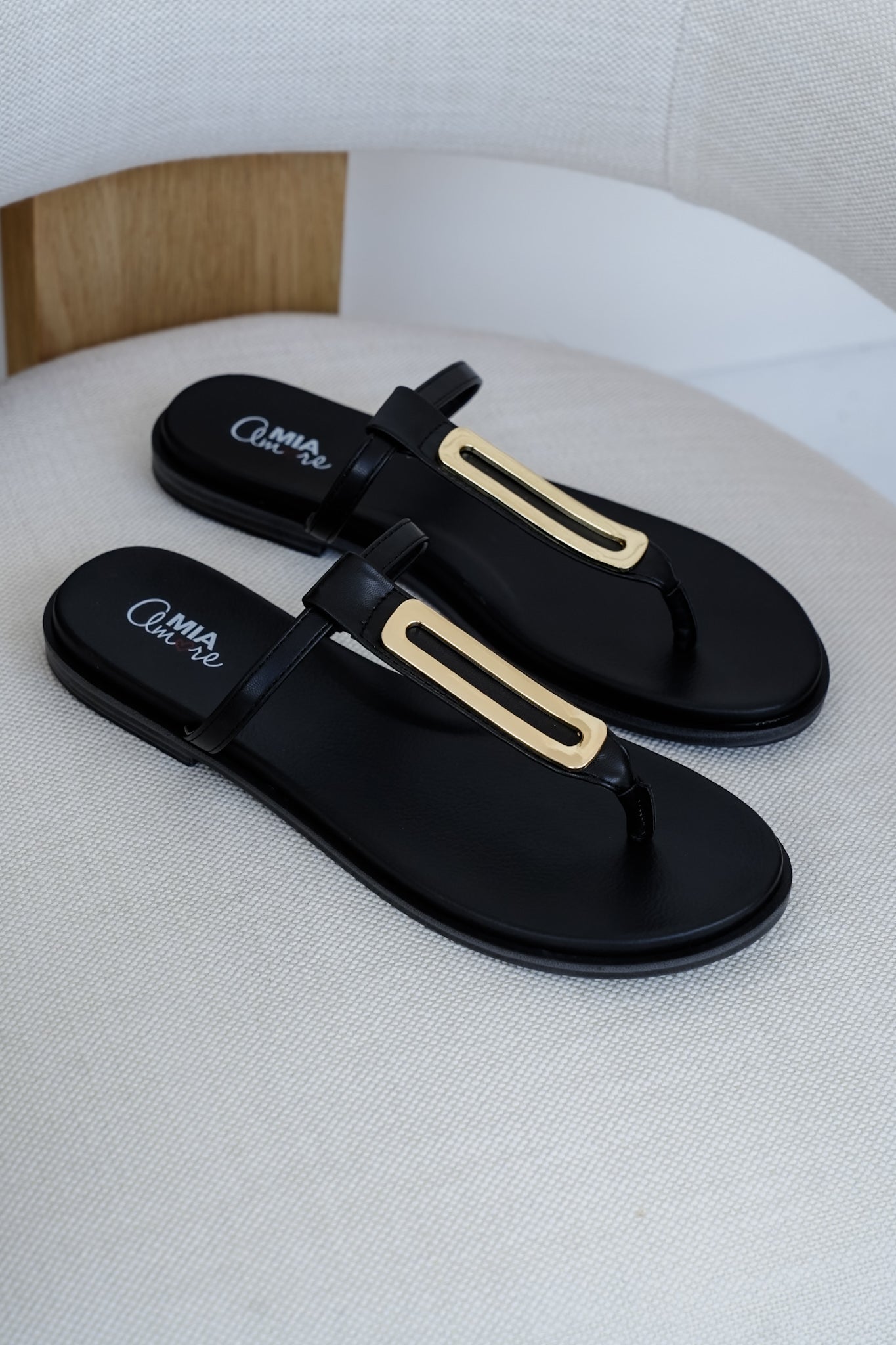 MIA T-Strap Flat Sandals with Gold Accent