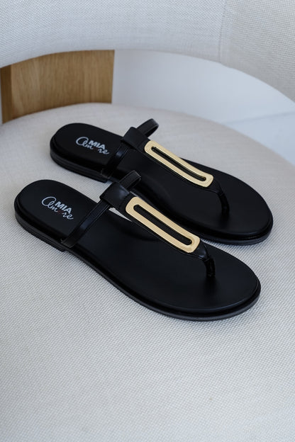 MIA T-Strap Flat Sandals with Gold Accent