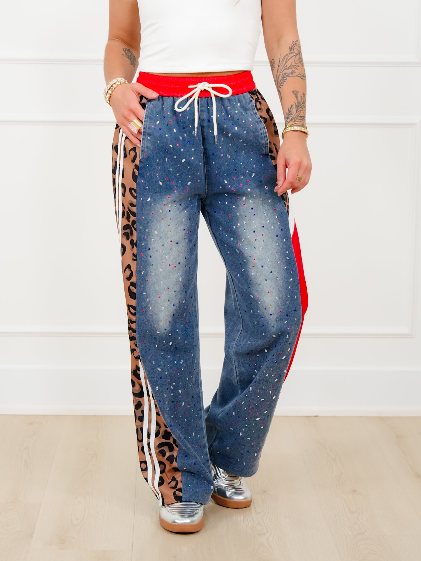 Plus/Reg Rhinestone Elastic Waist Denim Track Pants