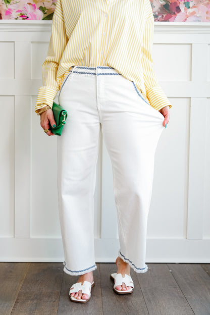 Risen High Rise Cream Tummy Control Embroidered Barrel Jeans