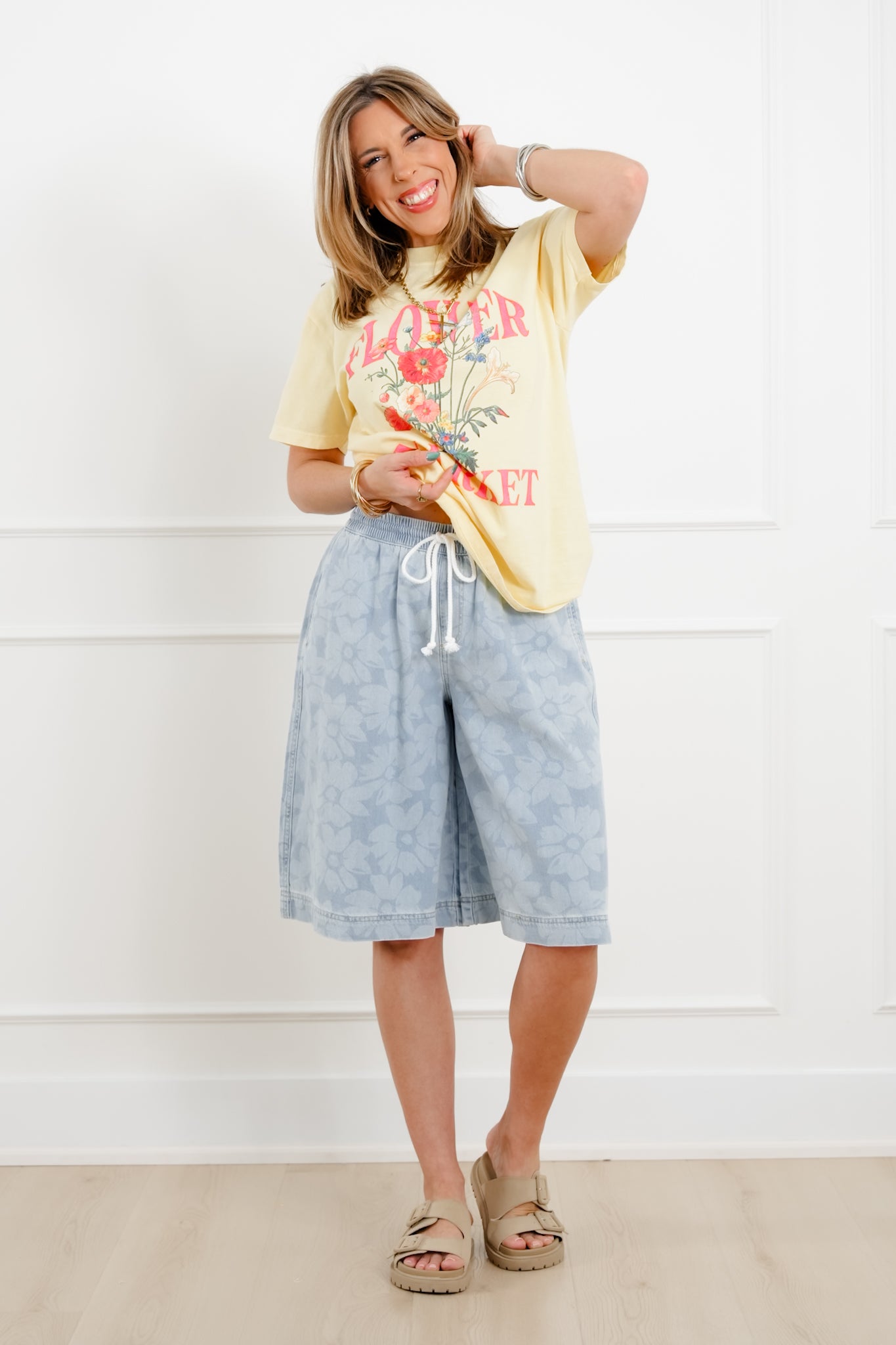 Risen Light Wash Slouchy Floral Culotte Shorts