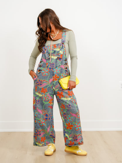 Retro Floral Print Wide Leg Bib Overalls