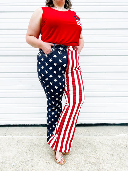 Judy Blue High Rise Stars and Stripes Print Raw Hem Flare Jeans