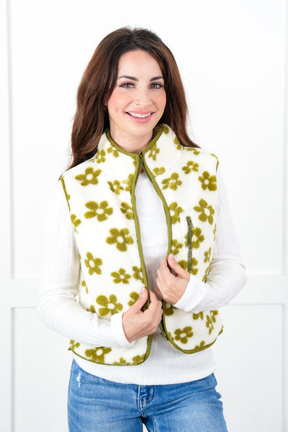 Green Floral Fleece Mock Neck Zip Up Vest