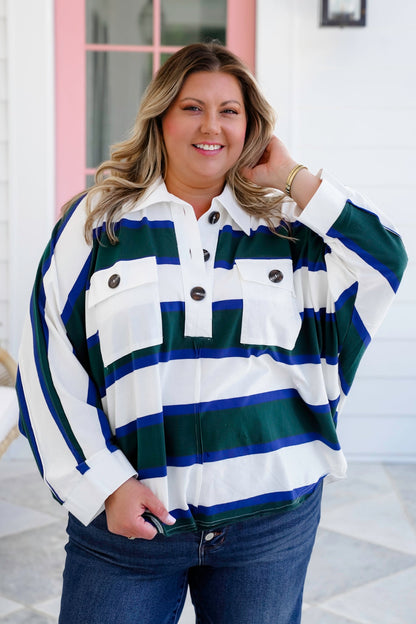 Restock! Oversized Stripe Long Sleeve Button Up Polo Top