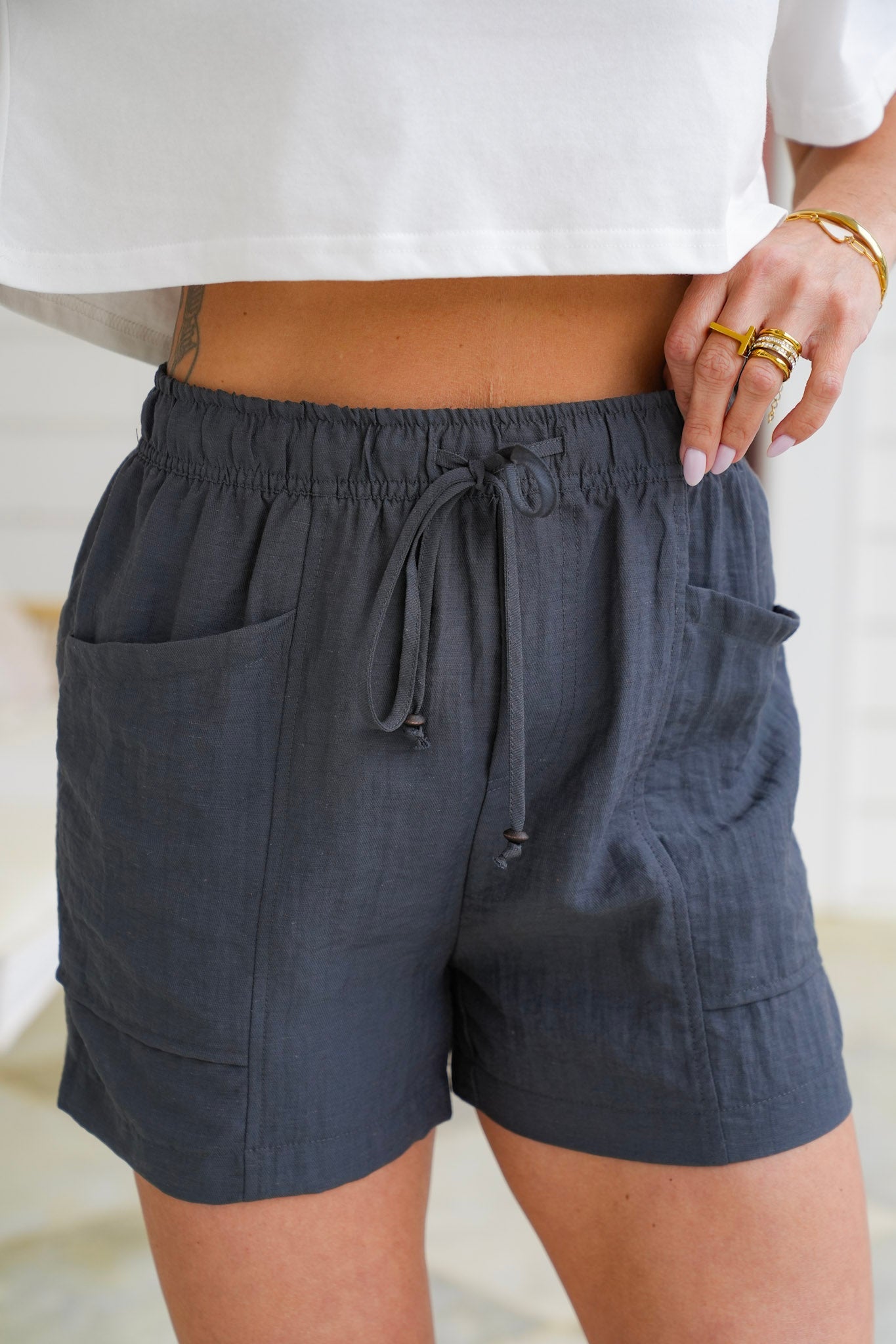 Linen Blend Elastic Waist Shorts with Patch Pockets