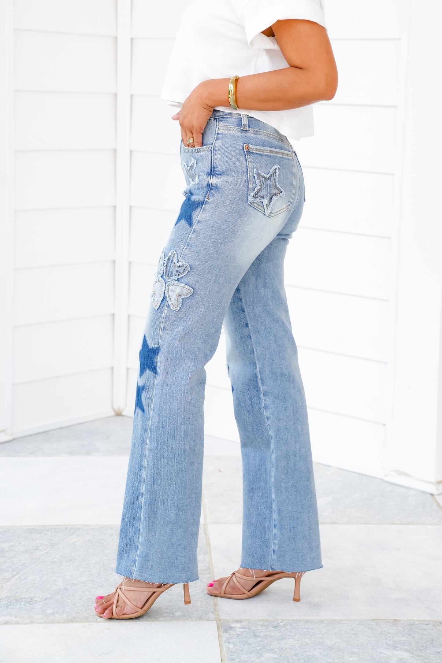 Saige High Rise Light Wash Star Patched Dad Jeans