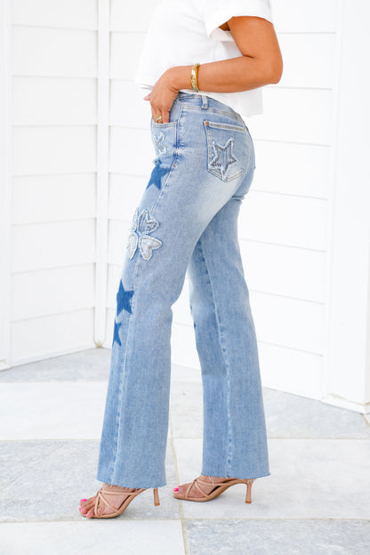 Saige High Rise Light Wash Star Patched Dad Jeans