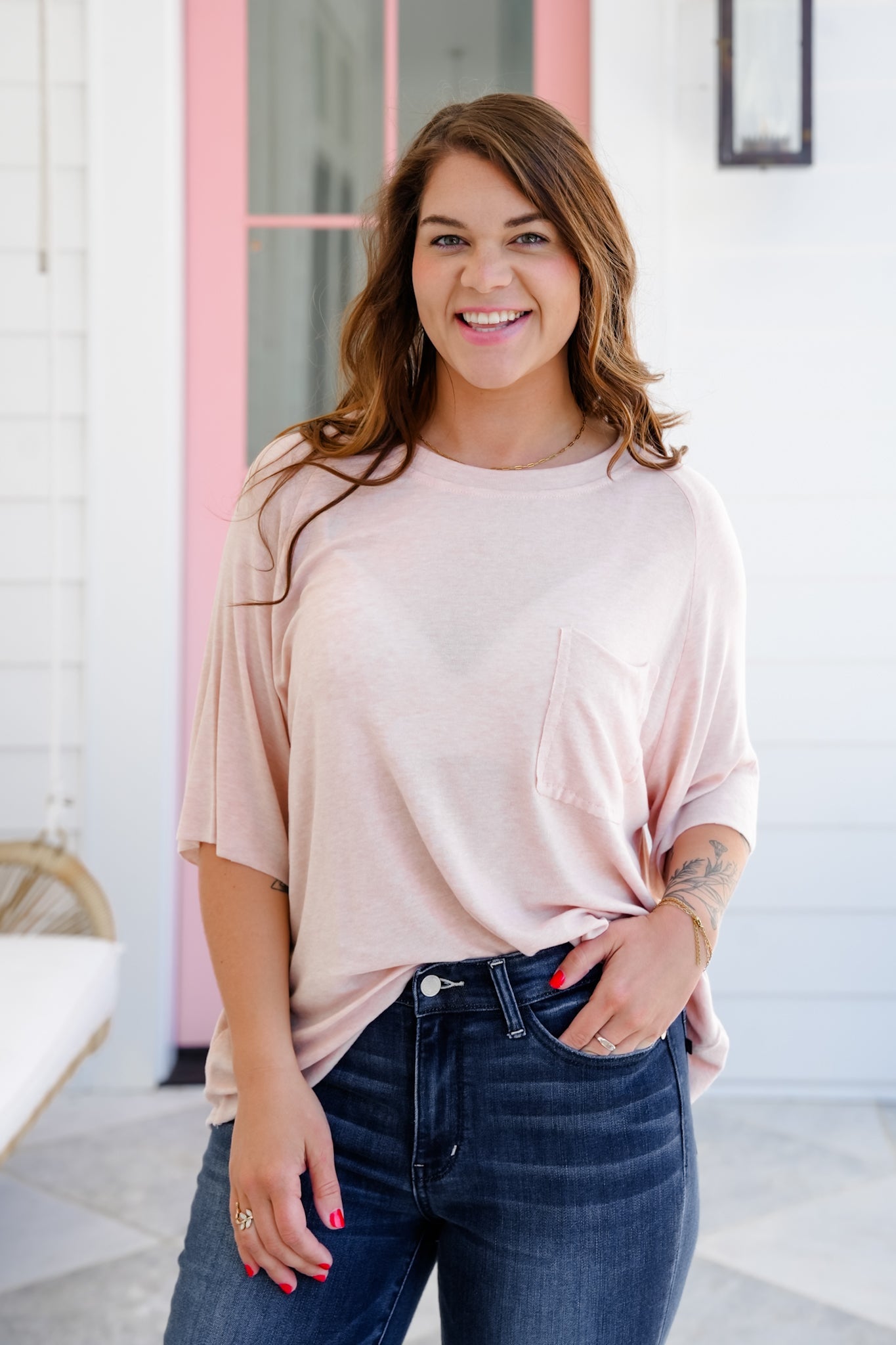 POL Solid Short Sleeve Round Neck Top with Chest Pocket Detail