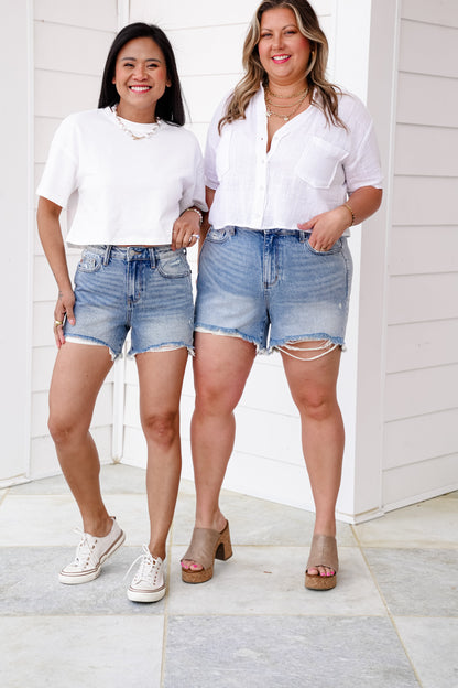 Judy Blue Medium Wash Rigid Magic Distressed Cut Off Shorts
